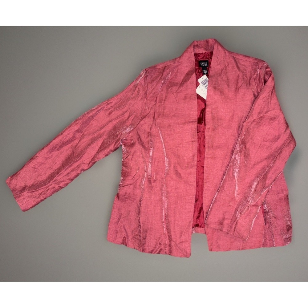 NWT Eileen Fisher Linen Blend Pink Metallic Jacket W/Silk Lining Size L Org $218
